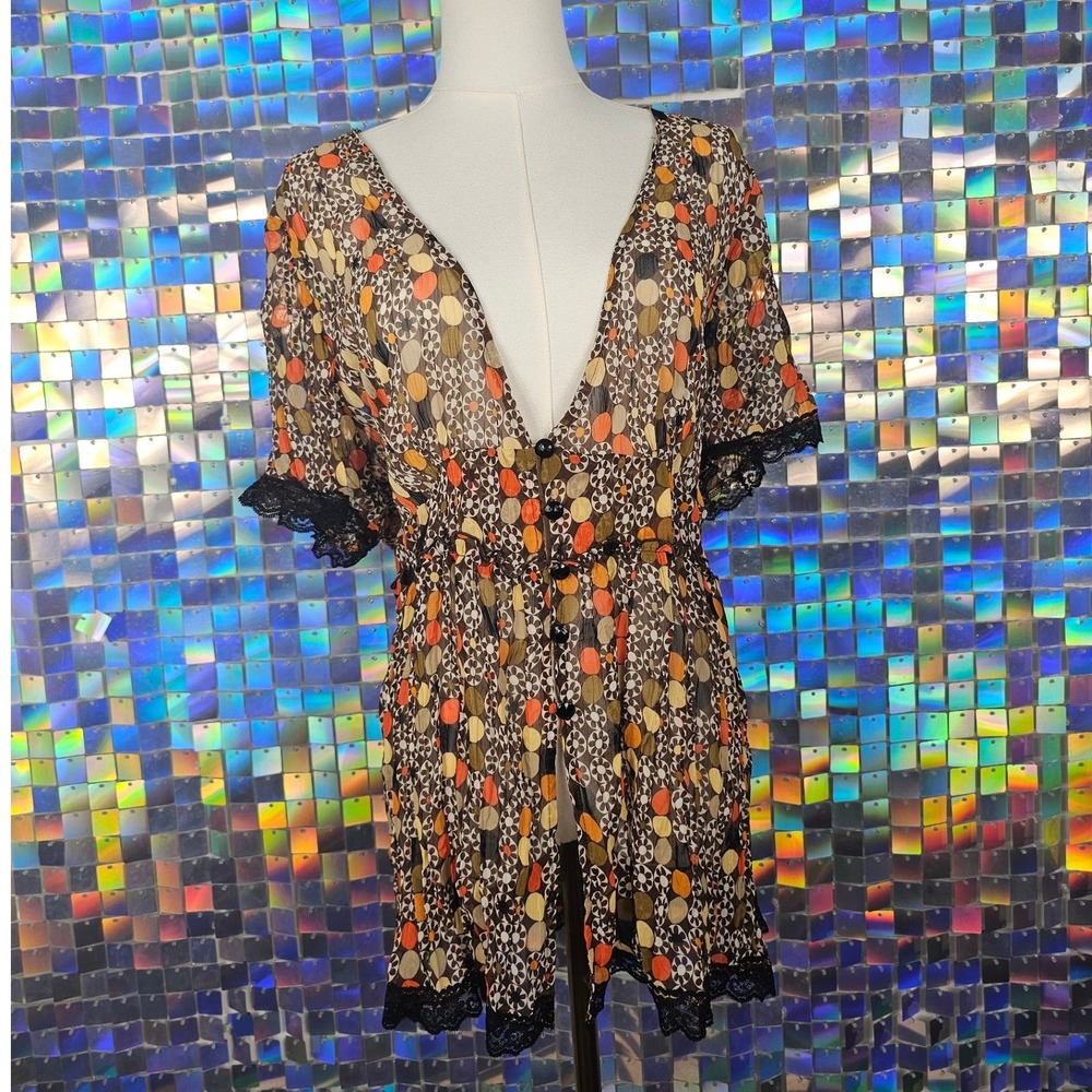 Studio 1940 Tunic Top Womens 18/20W Brown Orange Retro Sheer Lace Excellent